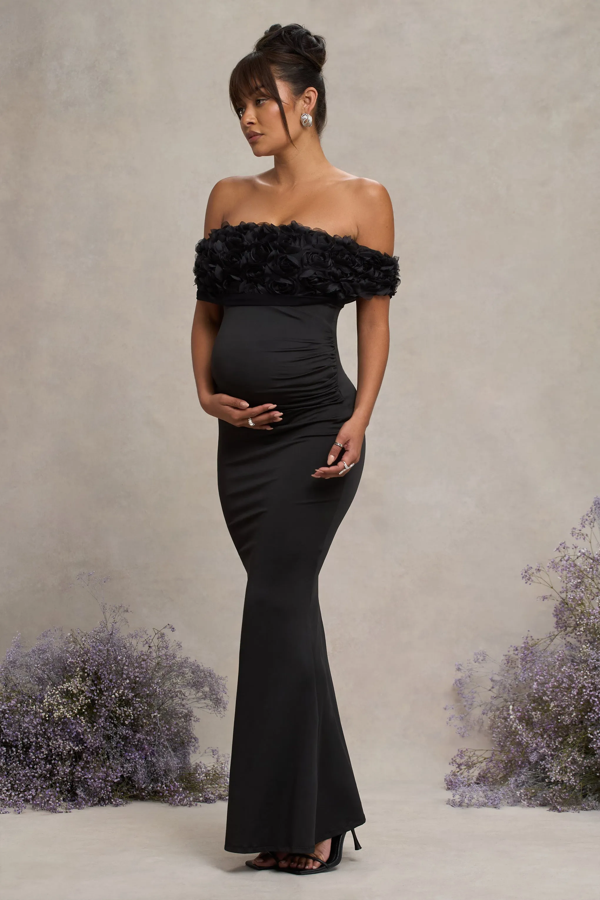 Inflorescence | Black Mesh Floral Bardot Maternity Maxi Dress