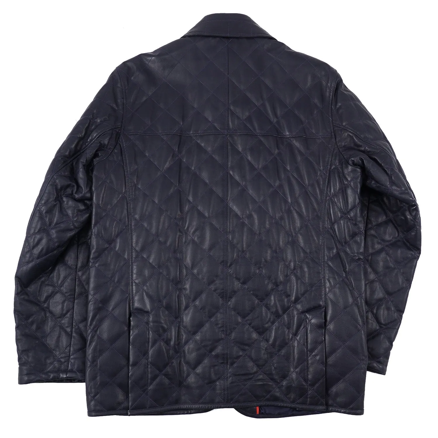 Isaia Diamond Quilted Leather Jacket in Navy