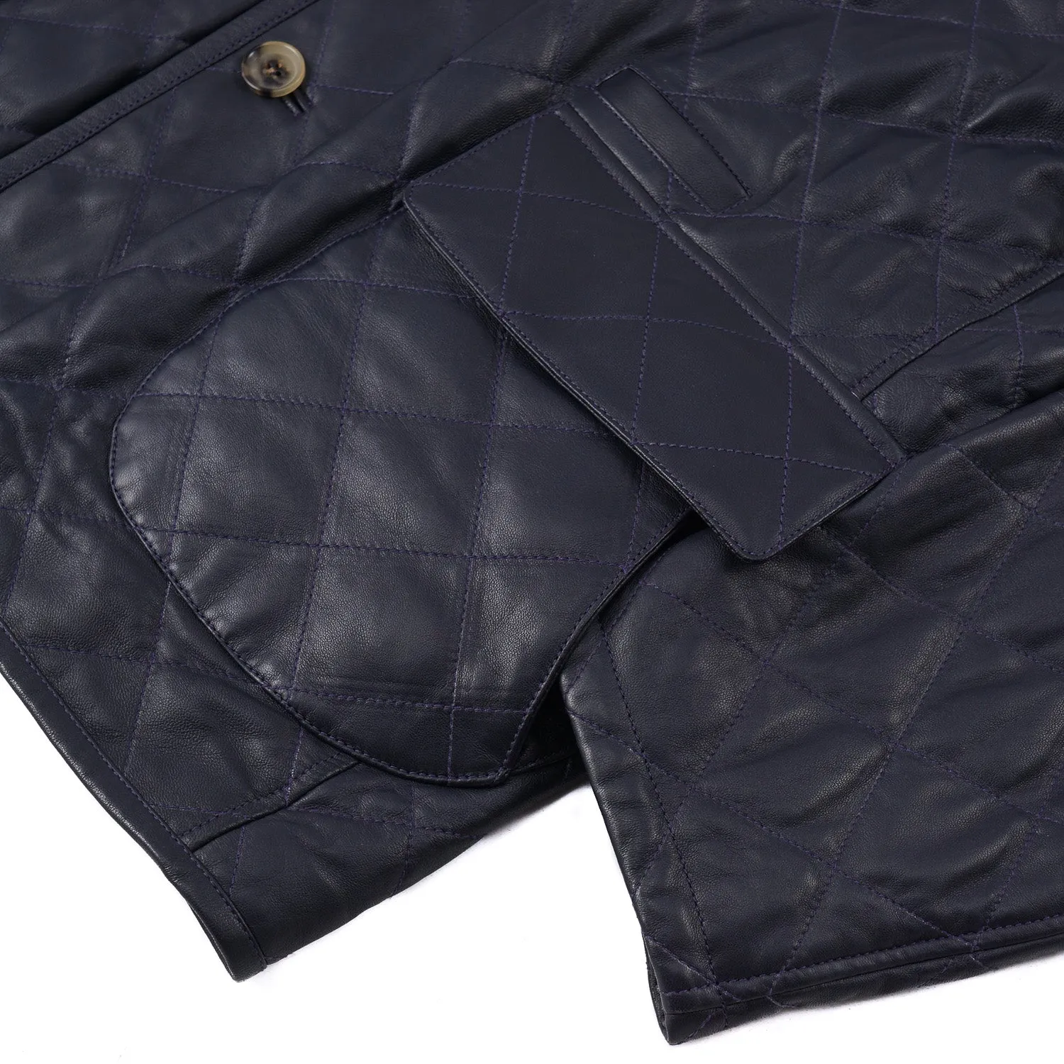 Isaia Diamond Quilted Leather Jacket in Navy