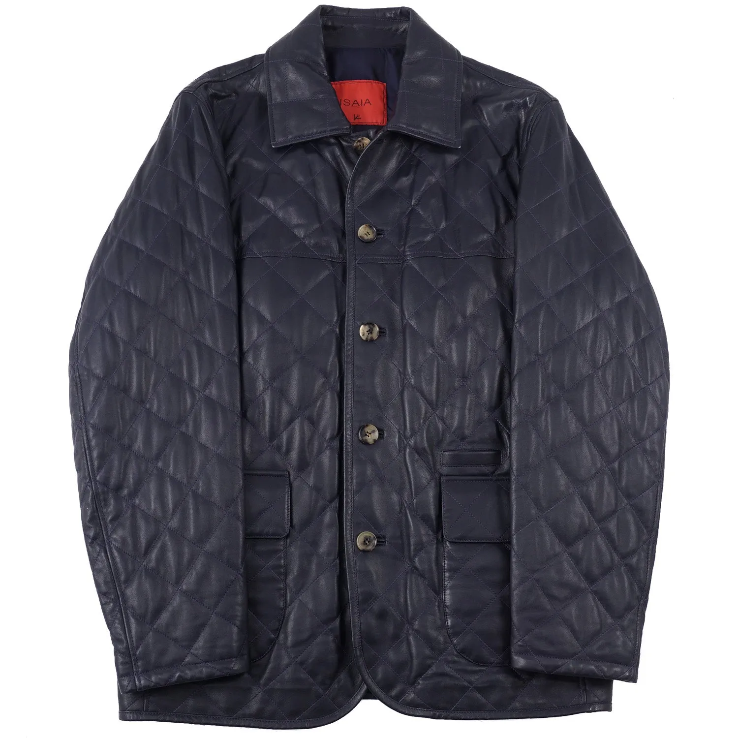 Isaia Diamond Quilted Leather Jacket in Navy