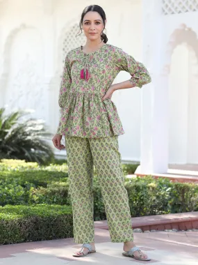 Jaipur Kurti Cotton Ethnic Printed Green Lounge Wear Has Gathered Top And Pants