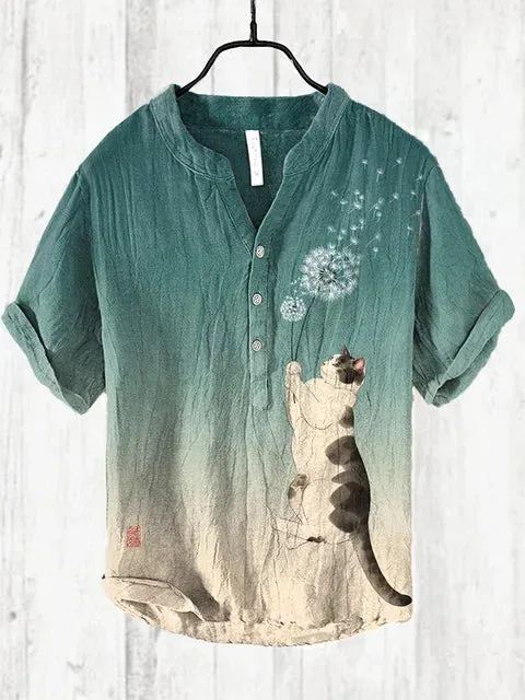 Japanese art print Men's Short-Sleeved T-shirt Summer 2024 Fashion Retro Urban T-shirt Men's V-neck Henley Shirt