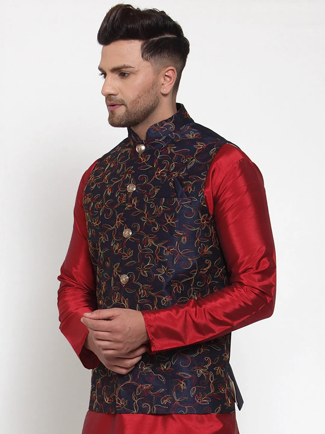 Jashvi Men's Navy Embroidered Nehru Jacket