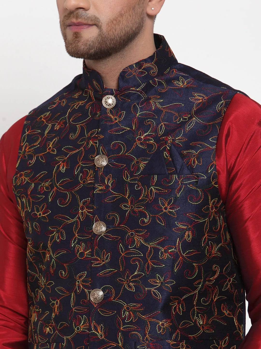 Jashvi Men's Navy Embroidered Nehru Jacket