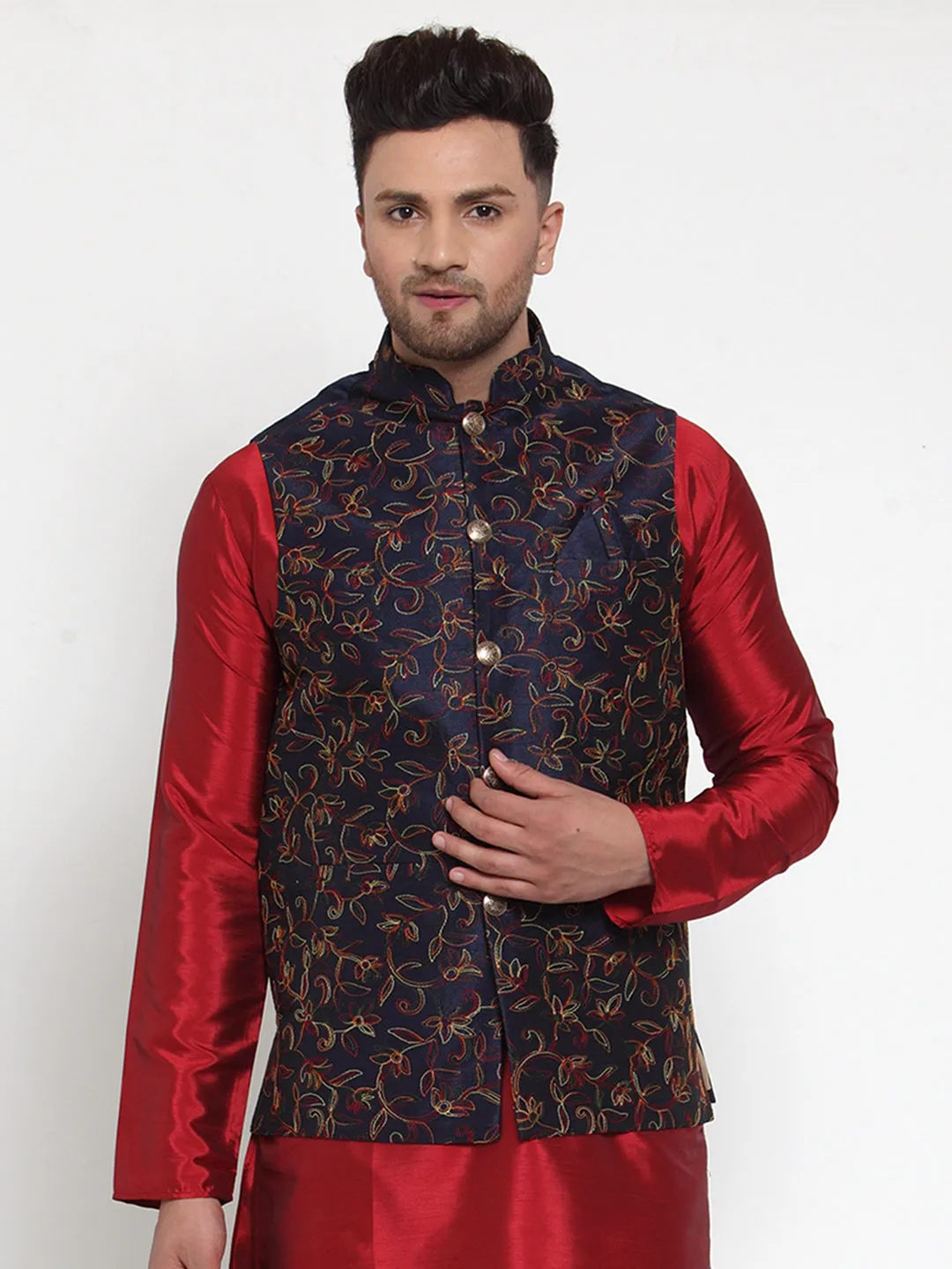 Jashvi Men's Navy Embroidered Nehru Jacket