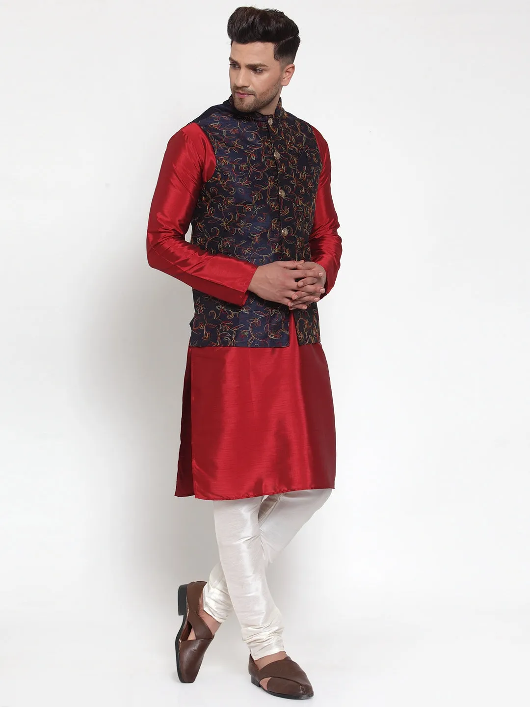 Jashvi Men's Navy Embroidered Nehru Jacket