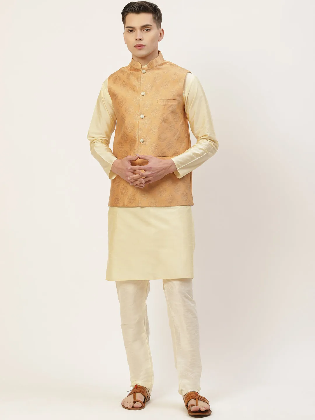 Jashvi Men's Peach Printed Nehru Jacket