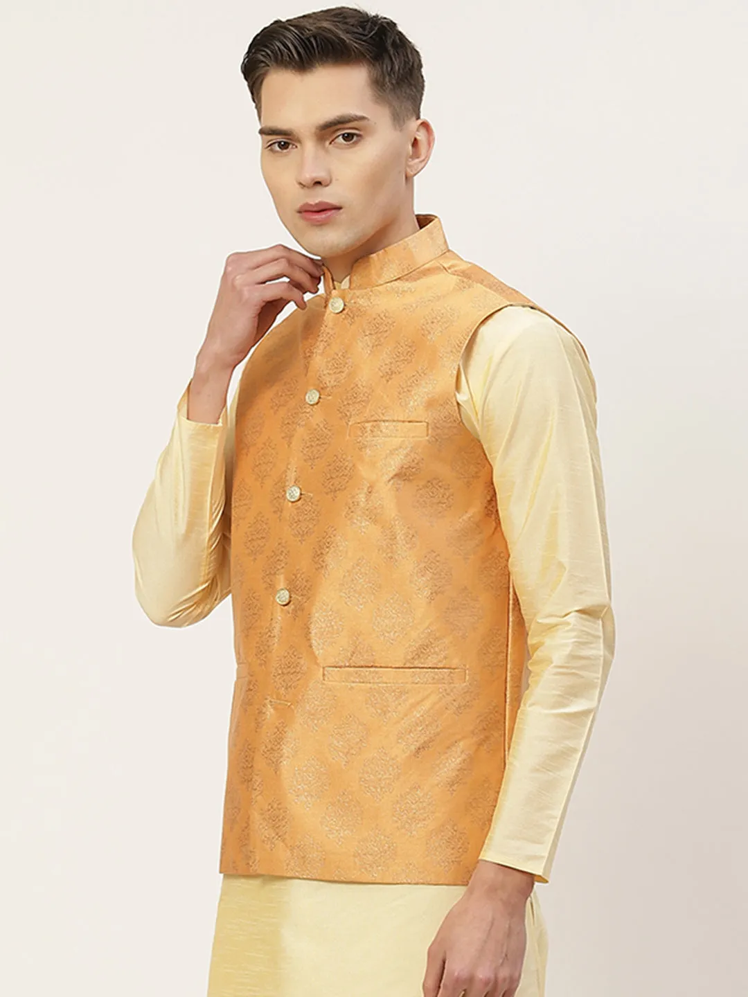 Jashvi Men's Peach Printed Nehru Jacket