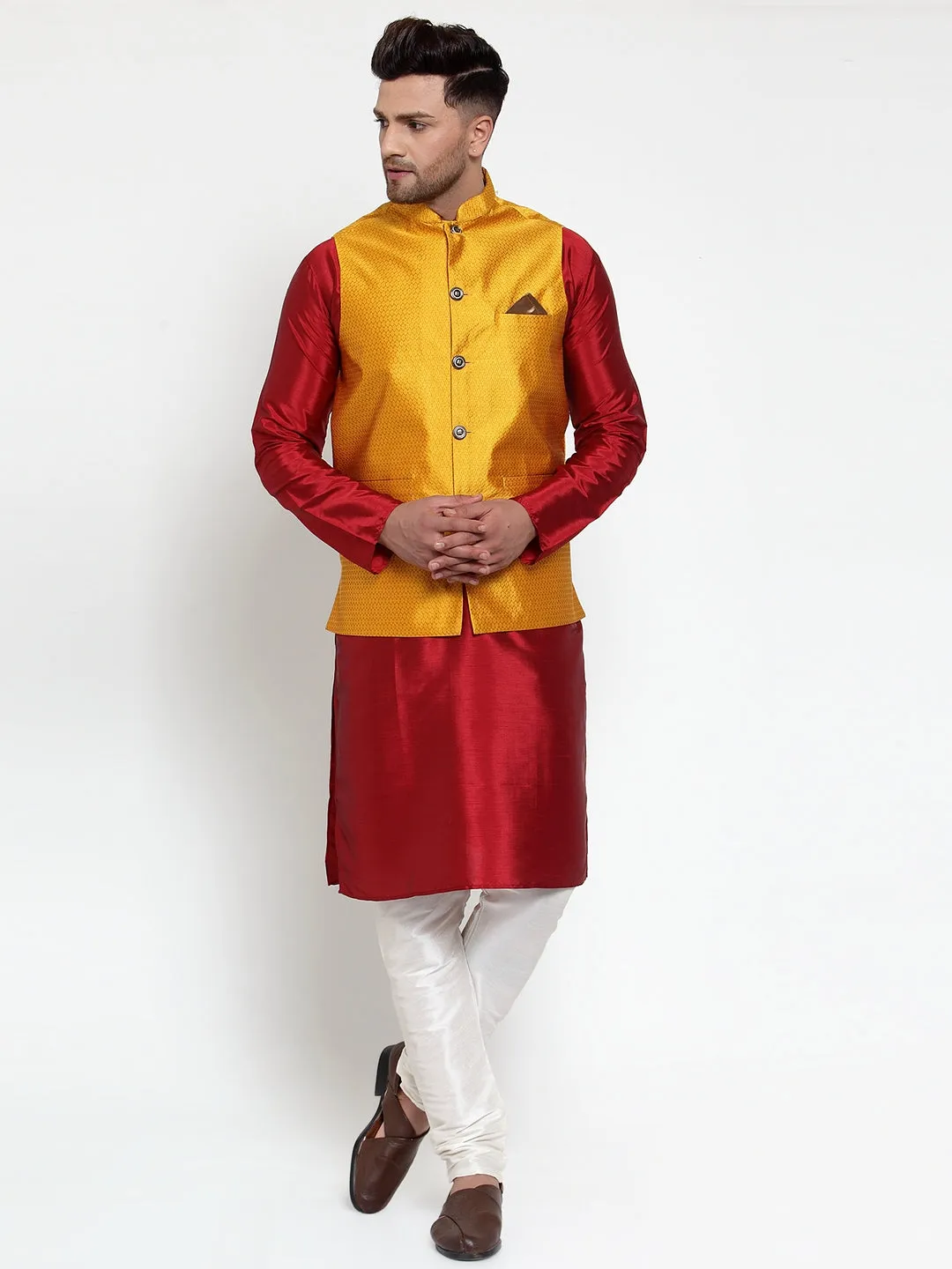 Jashvi Men's Yellow Woven Jacquard Nehru Jacket