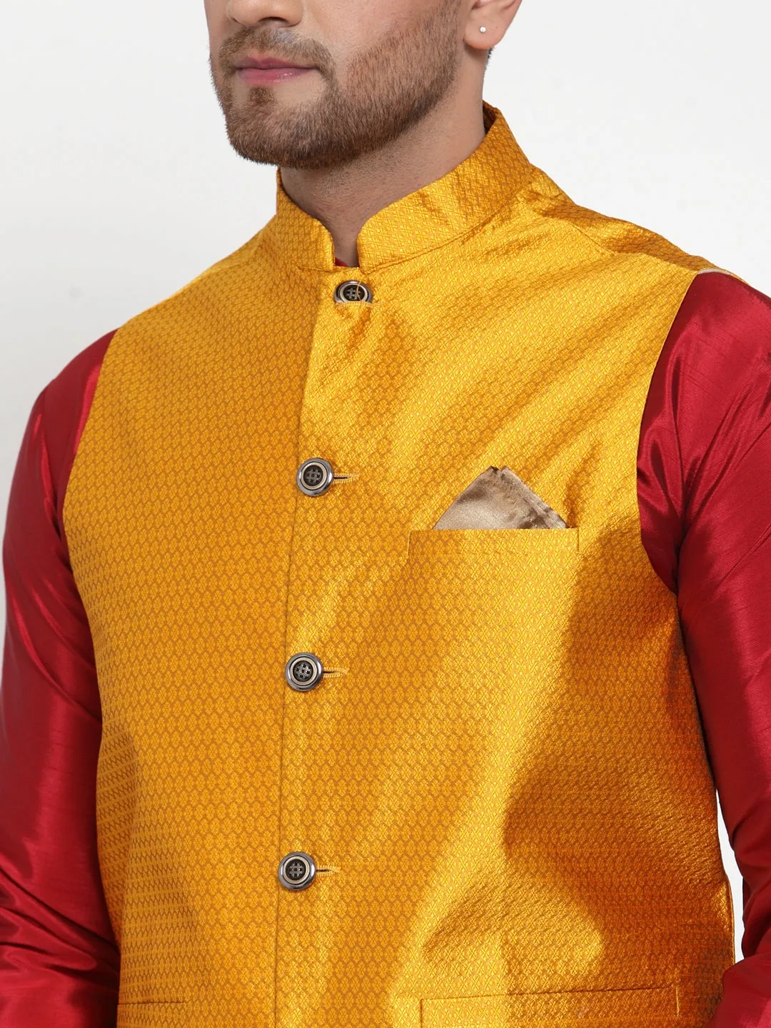 Jashvi Men's Yellow Woven Jacquard Nehru Jacket