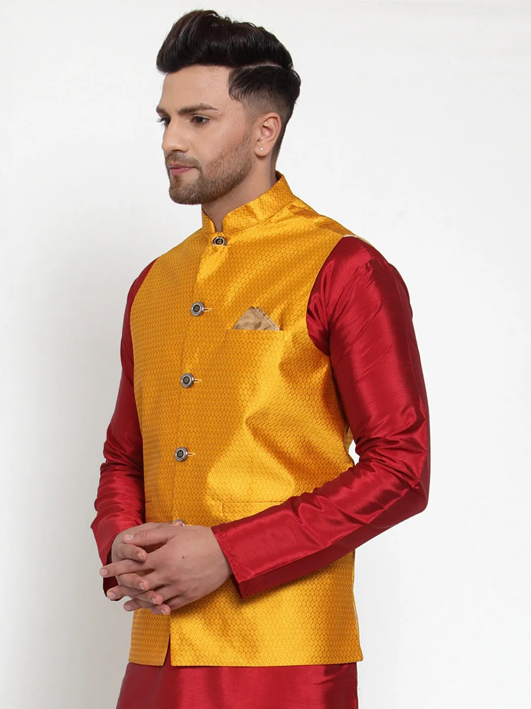 Jashvi Men's Yellow Woven Jacquard Nehru Jacket