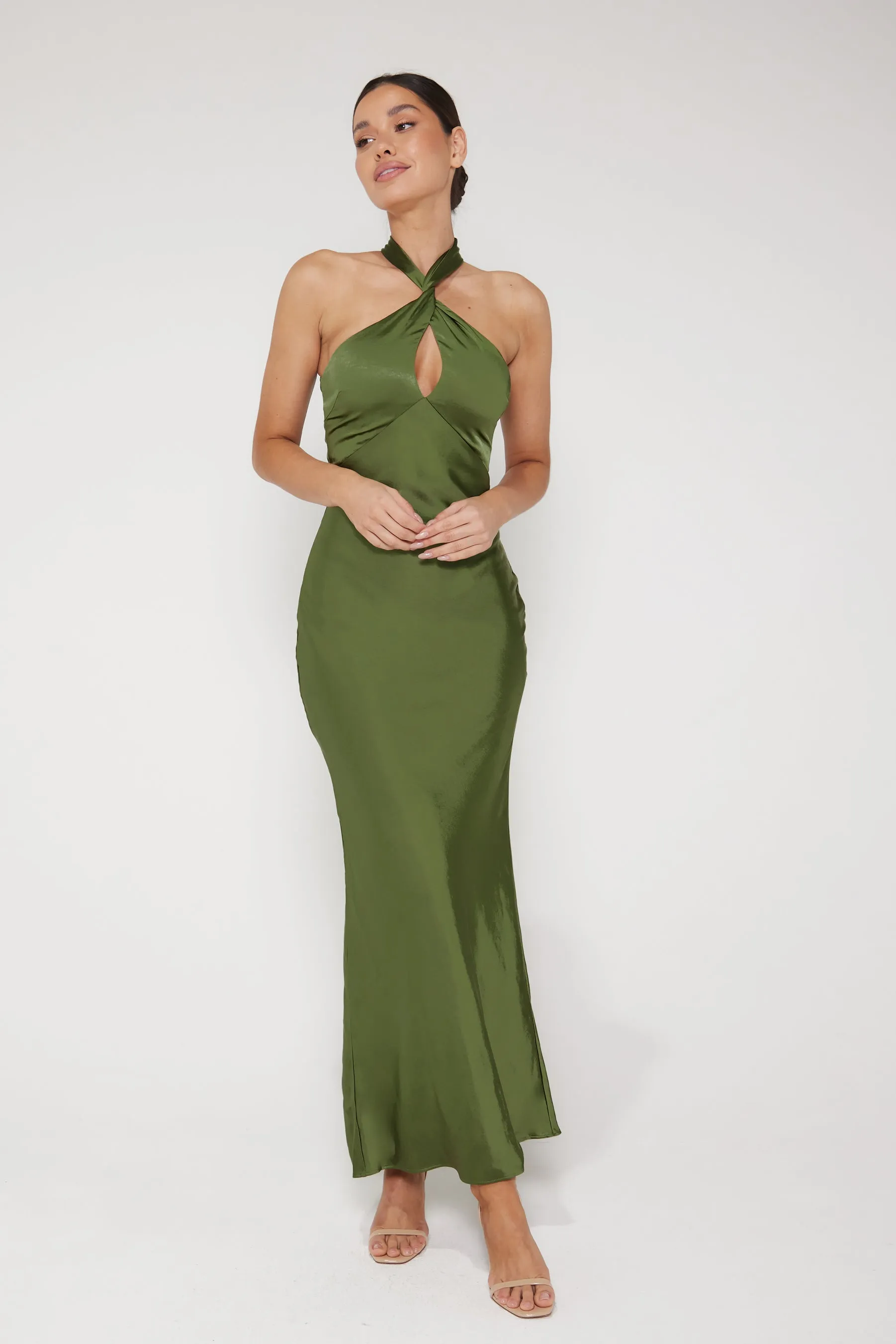 Jessica Halter Neck Keyhole Satin Maxi Dress - Olive Green