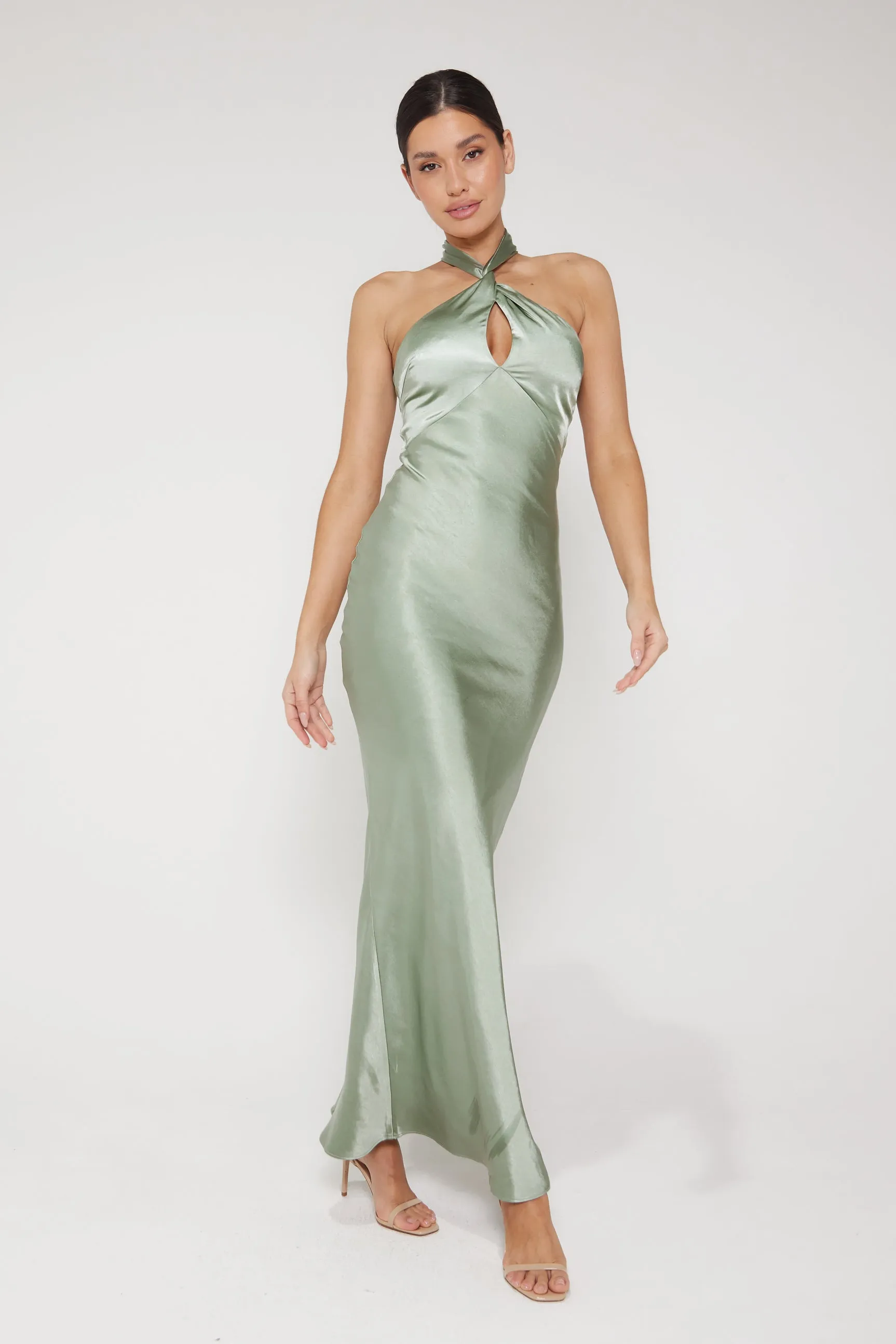 Jessica Halter Neck Keyhole Satin Maxi Dress - Sage Green