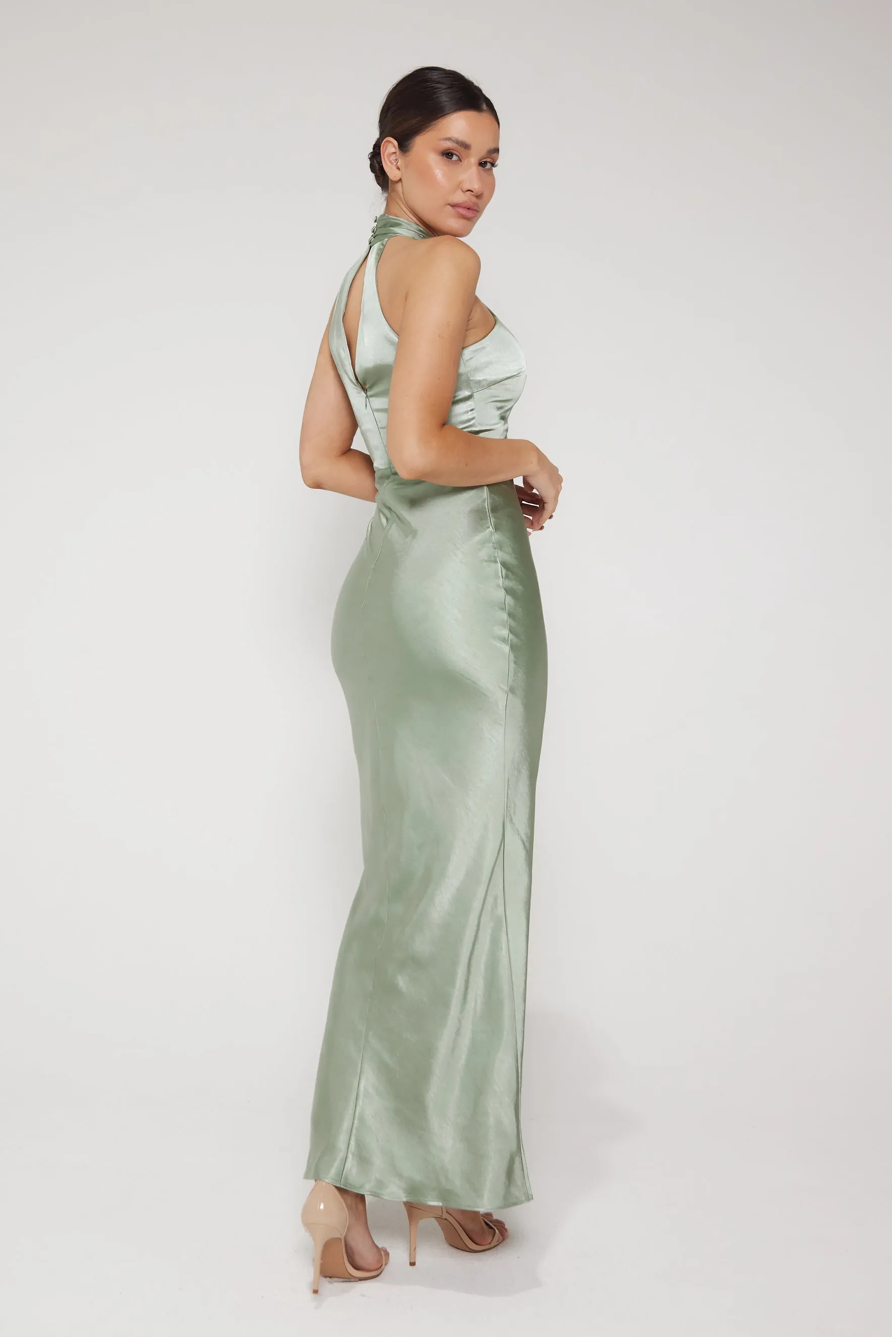 Jessica Halter Neck Keyhole Satin Maxi Dress - Sage Green