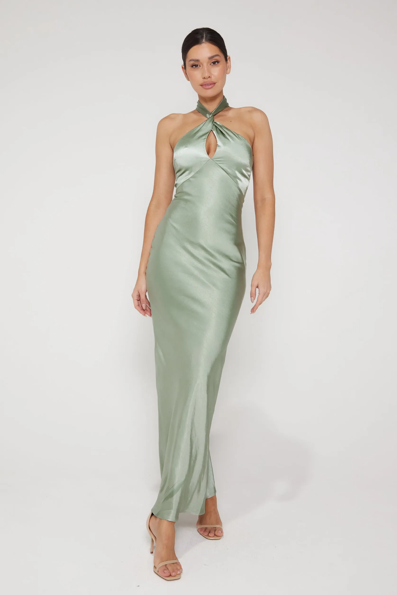 Jessica Halter Neck Keyhole Satin Maxi Dress - Sage Green