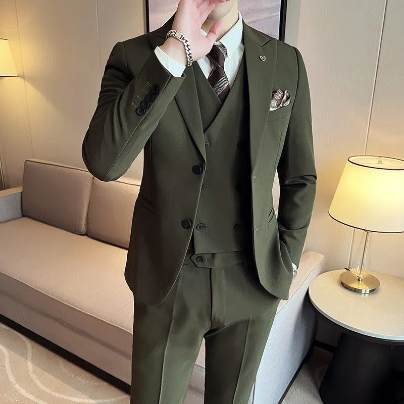 Korean Style Double Buckle Three-piece Slim Fit Light Business Suit