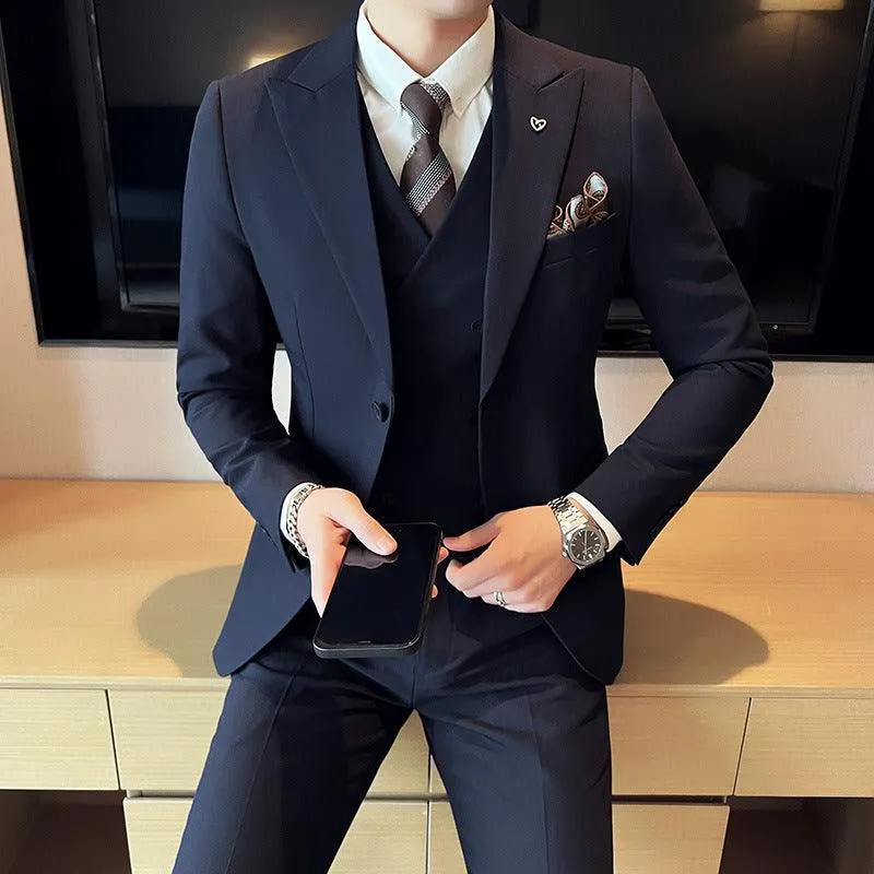 Korean Style Double Buckle Three-piece Slim Fit Light Business Suit