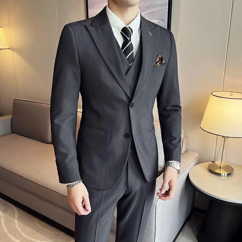 Korean Style Double Buckle Three-piece Slim Fit Light Business Suit