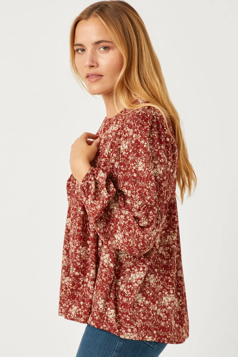 Kristie Misses Burgundy Floral Puff Sleeve Babydoll Top S-L