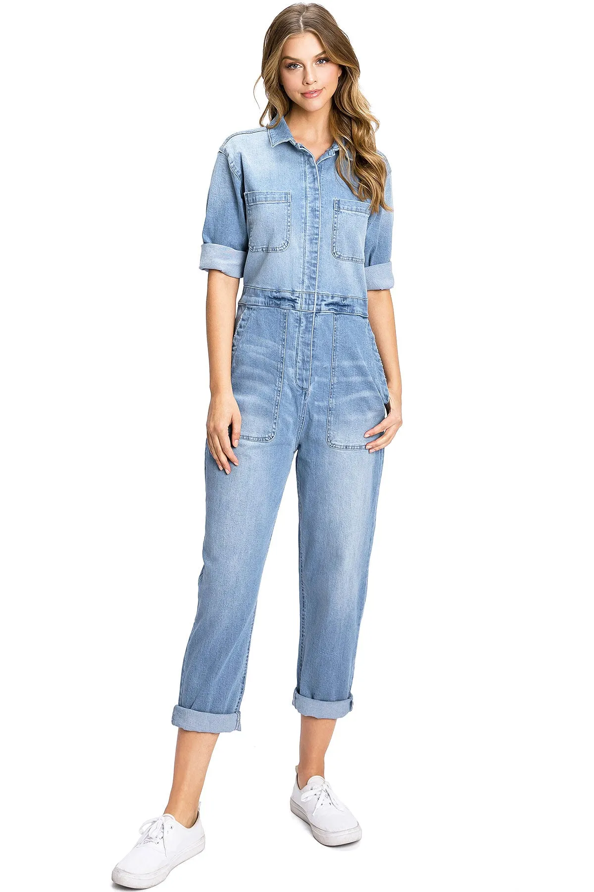 Lana Roux Aviator Relax Denim Utility Coverall Jumpsuit