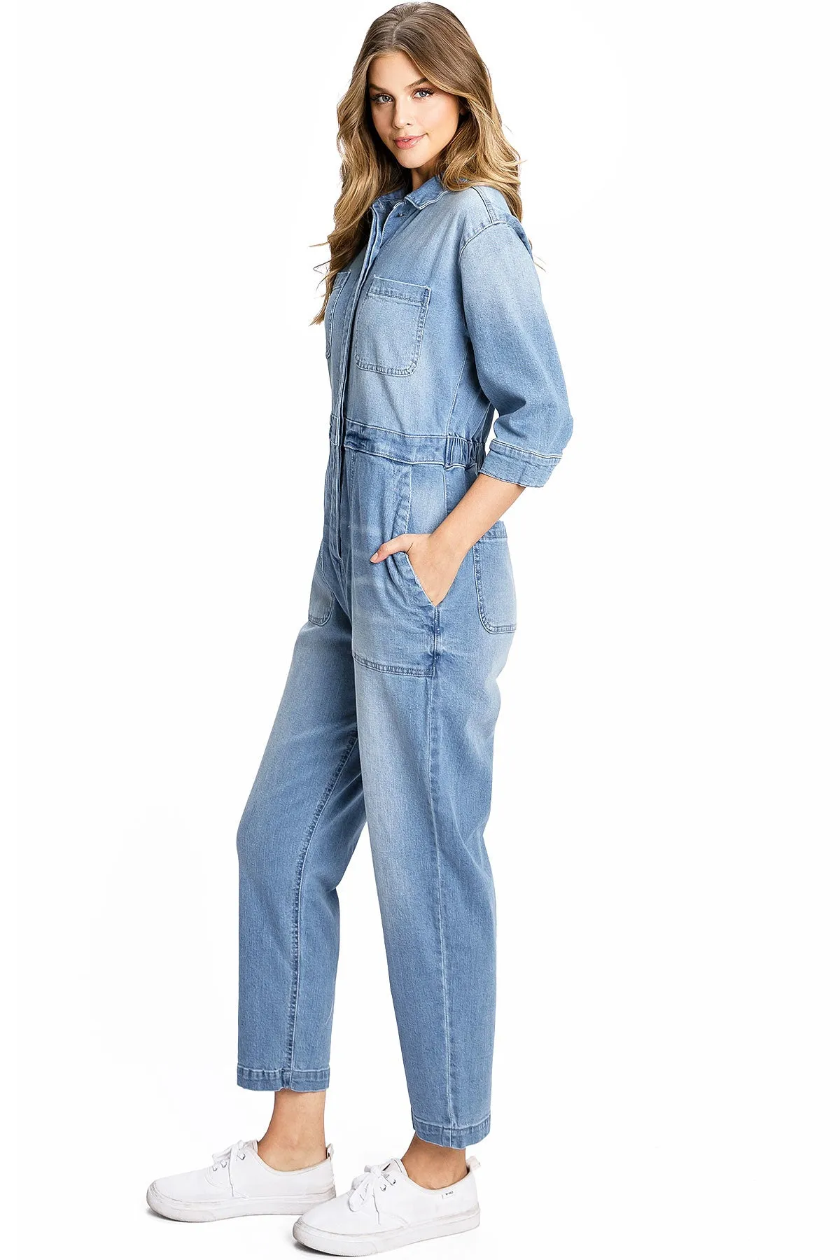 Lana Roux Aviator Relax Denim Utility Coverall Jumpsuit