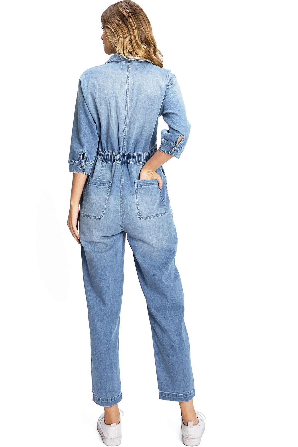 Lana Roux Aviator Relax Denim Utility Coverall Jumpsuit