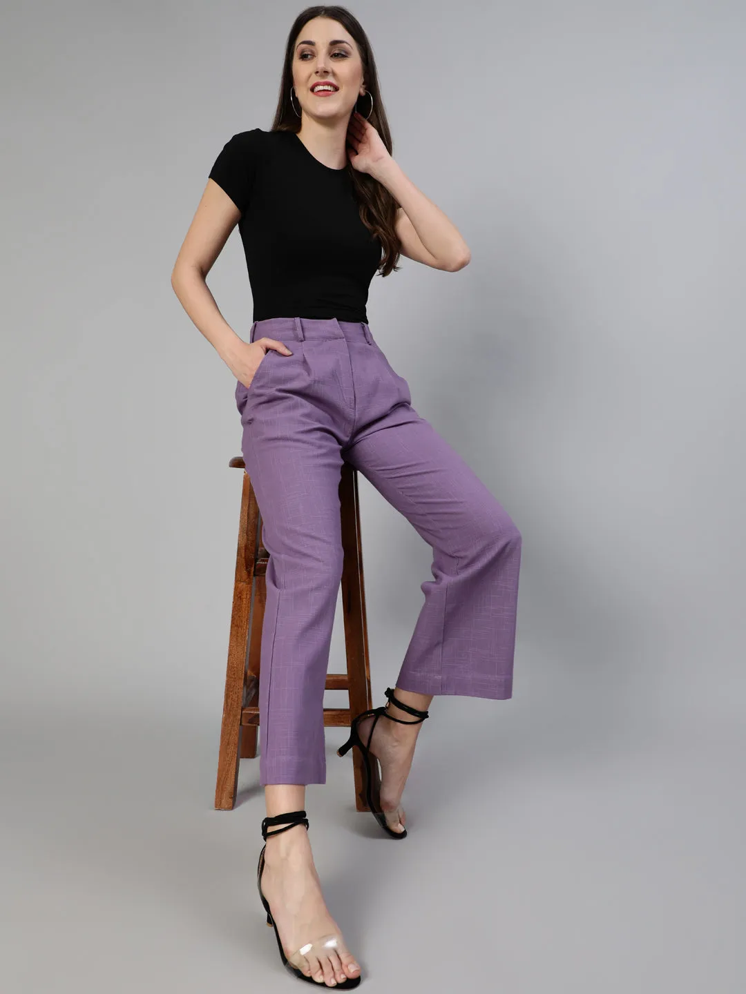 Lavender Cotton Slub Flared High Rise Parallel Pants