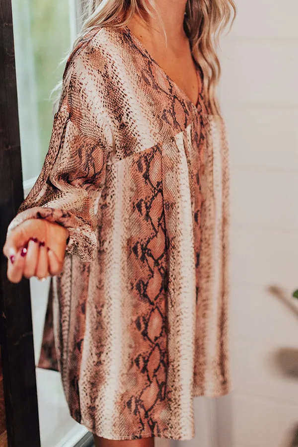 Looking For Love Snake Print Babydoll Dress In Brown