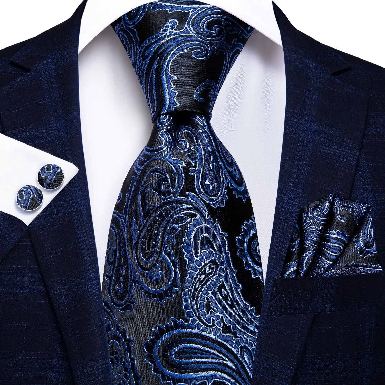 Luxury Blue Paisley Plaid Tie Pocket Square Cufflinks Gift Box Set