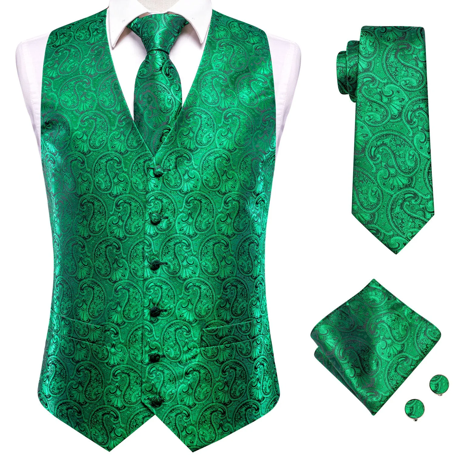 Luxury Leaves Green Paisley Silk Men's Vest Hanky Cufflinks Tie Set Waistcoat Suit Set