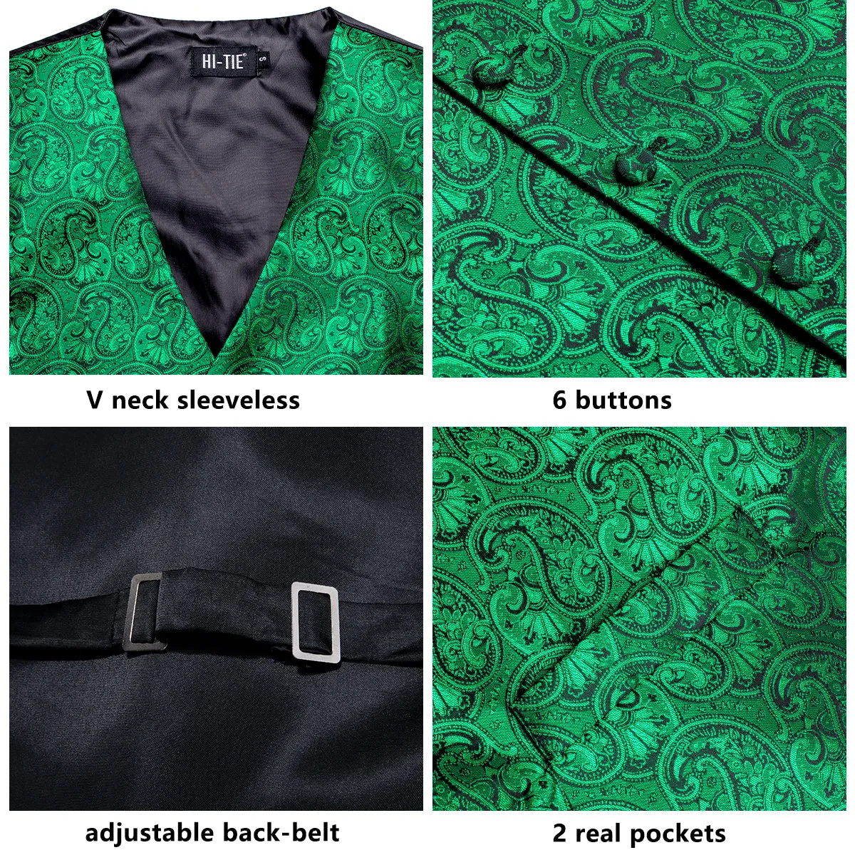 Luxury Leaves Green Paisley Silk Men's Vest Hanky Cufflinks Tie Set Waistcoat Suit Set