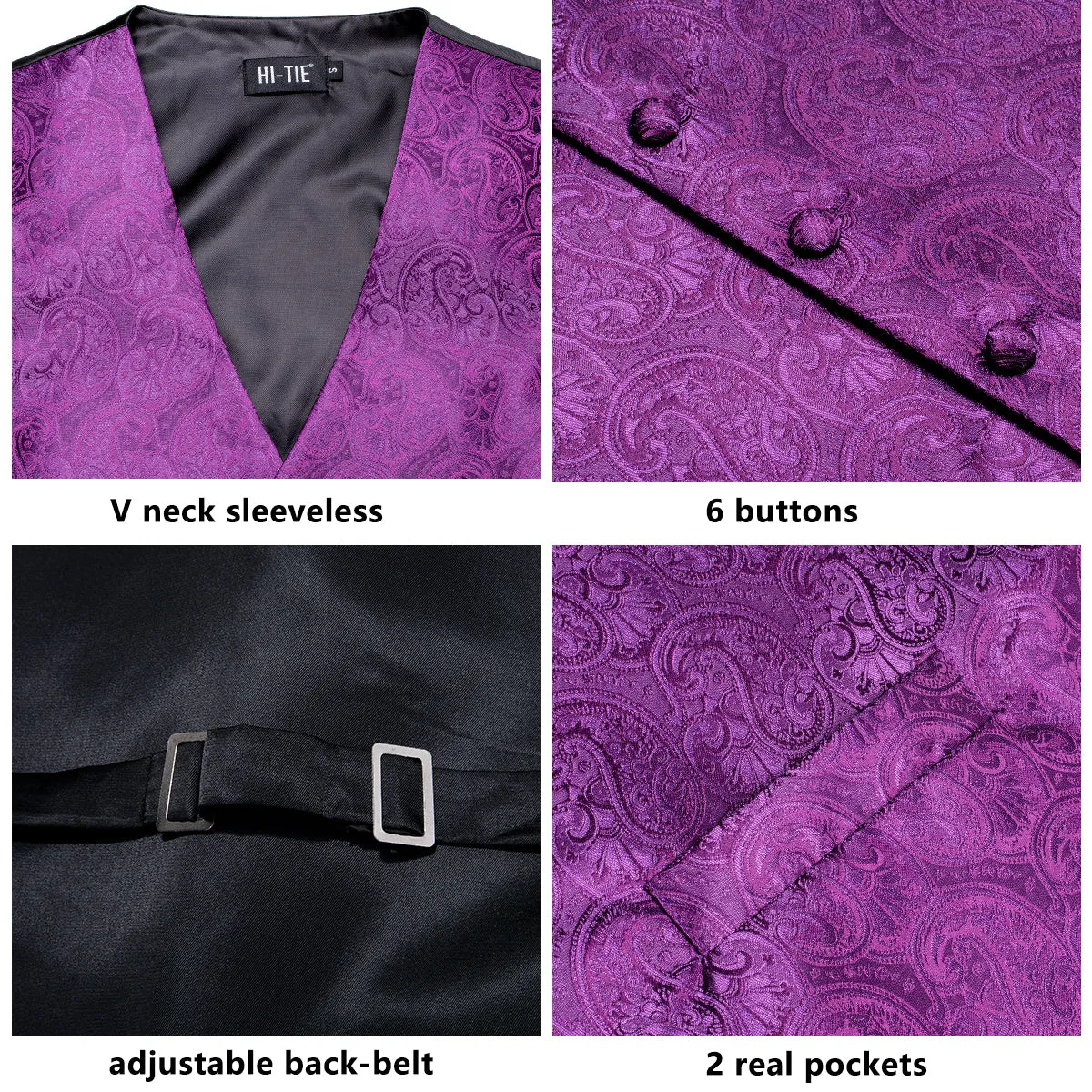 Luxury Purple Paisley Silk Men's Vest Hanky Cufflinks Tie Set Waistcoat Suit Set