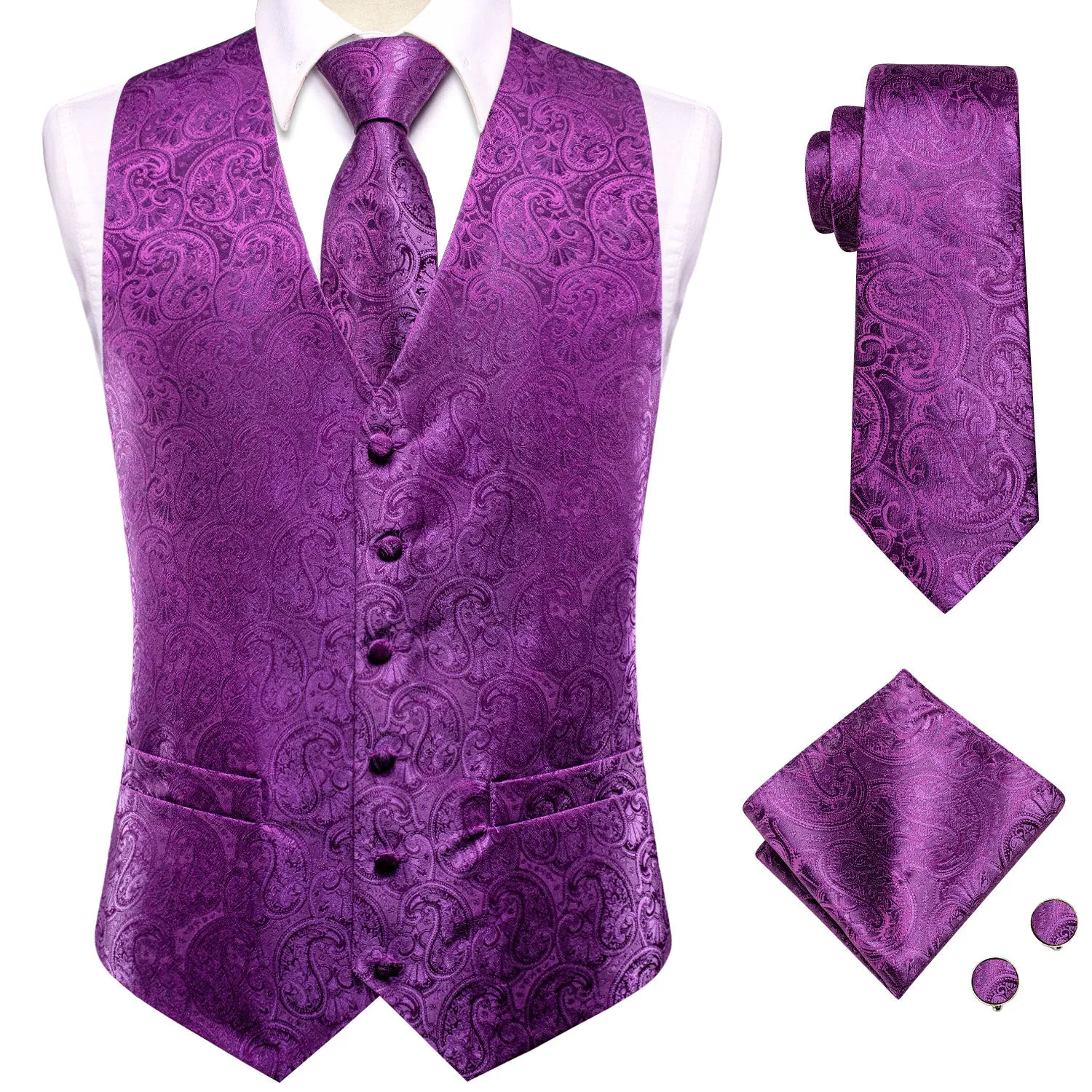 Luxury Purple Paisley Silk Men's Vest Hanky Cufflinks Tie Set Waistcoat Suit Set