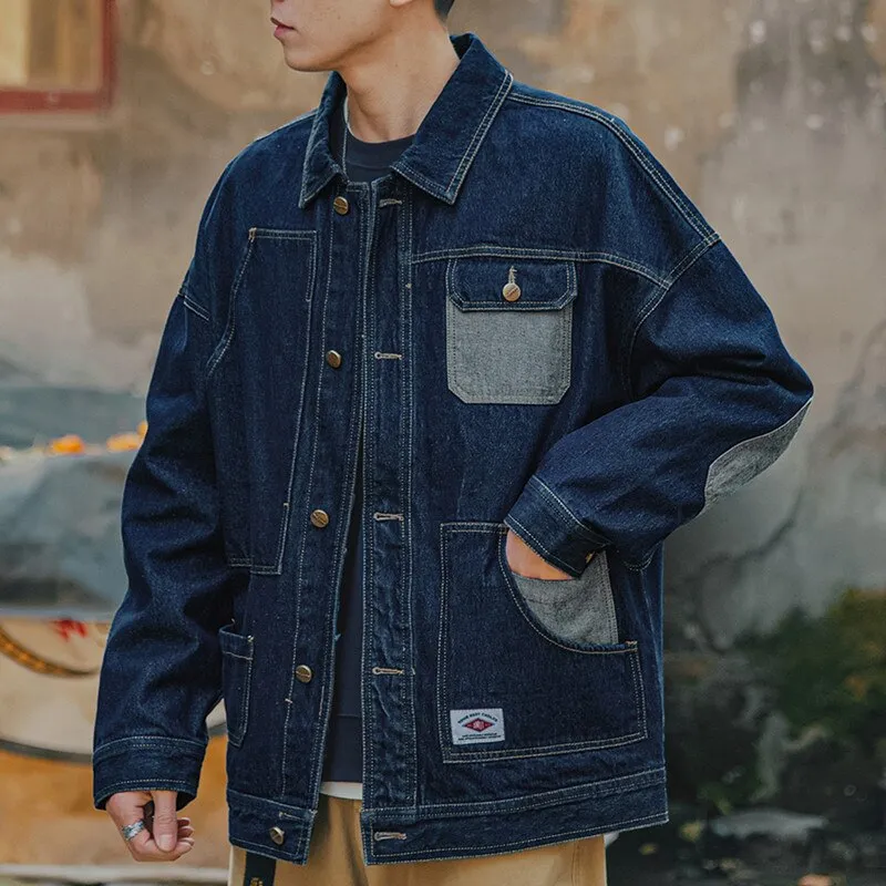 Man Clothing Japanese Blue Denim Jacket Retro Loose Outwear Men Jeans Jacket Coats Casual Windbreaker Pockets Cargo Streetwear