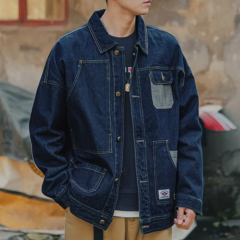 Man Clothing Japanese Blue Denim Jacket Retro Loose Outwear Men Jeans Jacket Coats Casual Windbreaker Pockets Cargo Streetwear