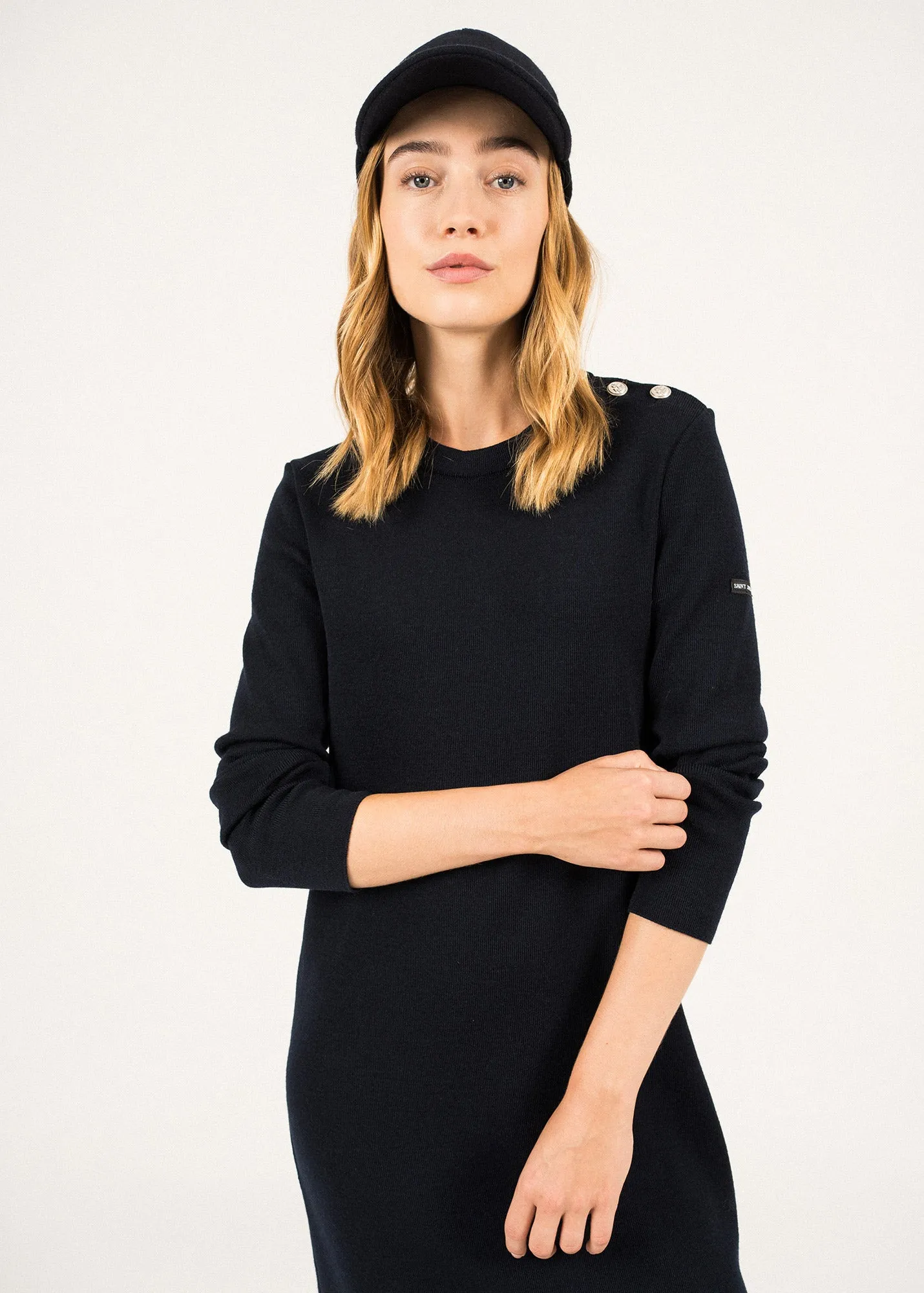 Marée Long Knitted Dress - plain, in wool (NAVY)