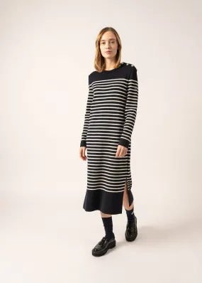 Marée Long Knitted Dress - striped, in wool (NAVY/ECUME)