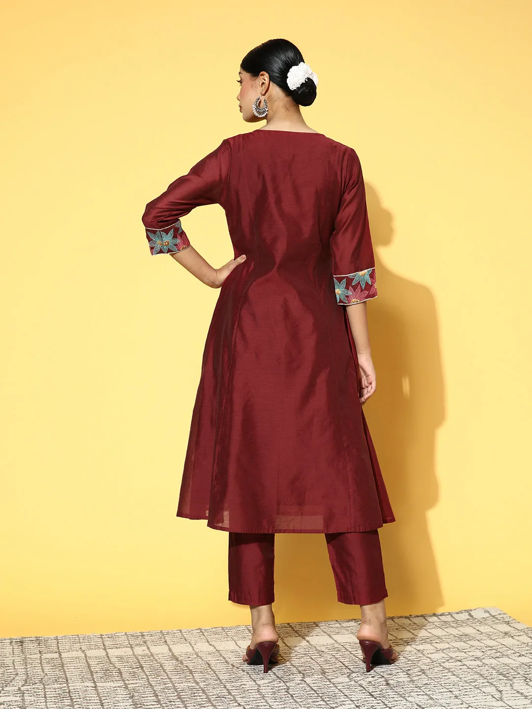 Maroon Chanderi Embroidered A-Line Princess-Cut Kurta With Pants