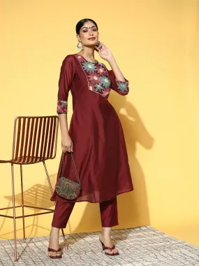 Maroon Chanderi Embroidered A-Line Princess-Cut Kurta With Pants