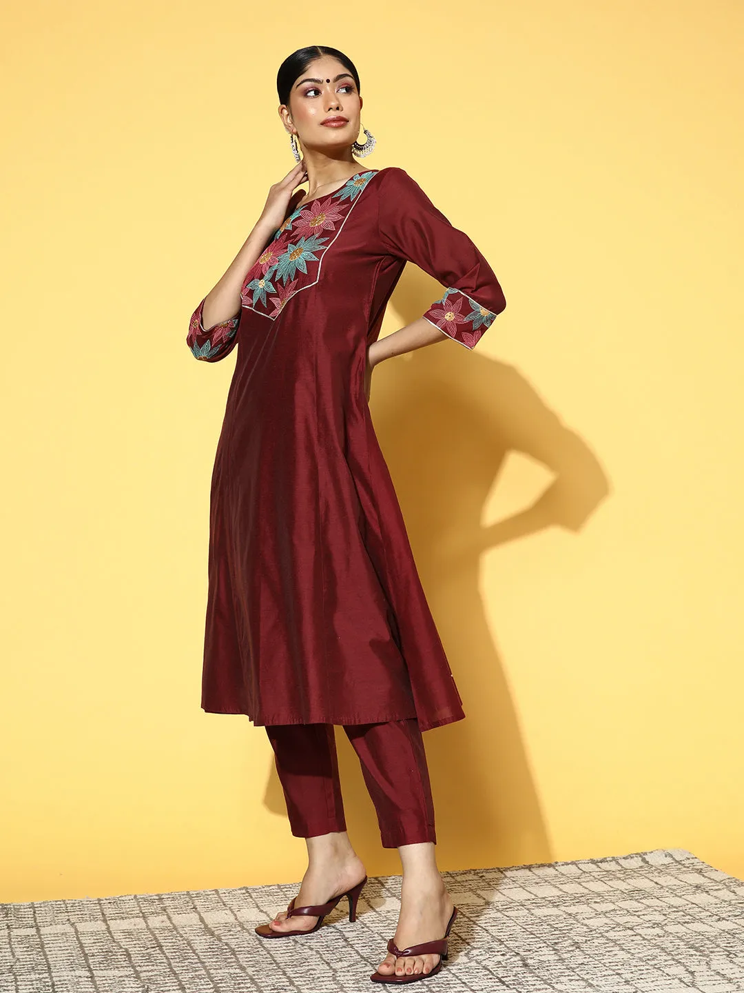 Maroon Chanderi Embroidered A-Line Princess-Cut Kurta With Pants