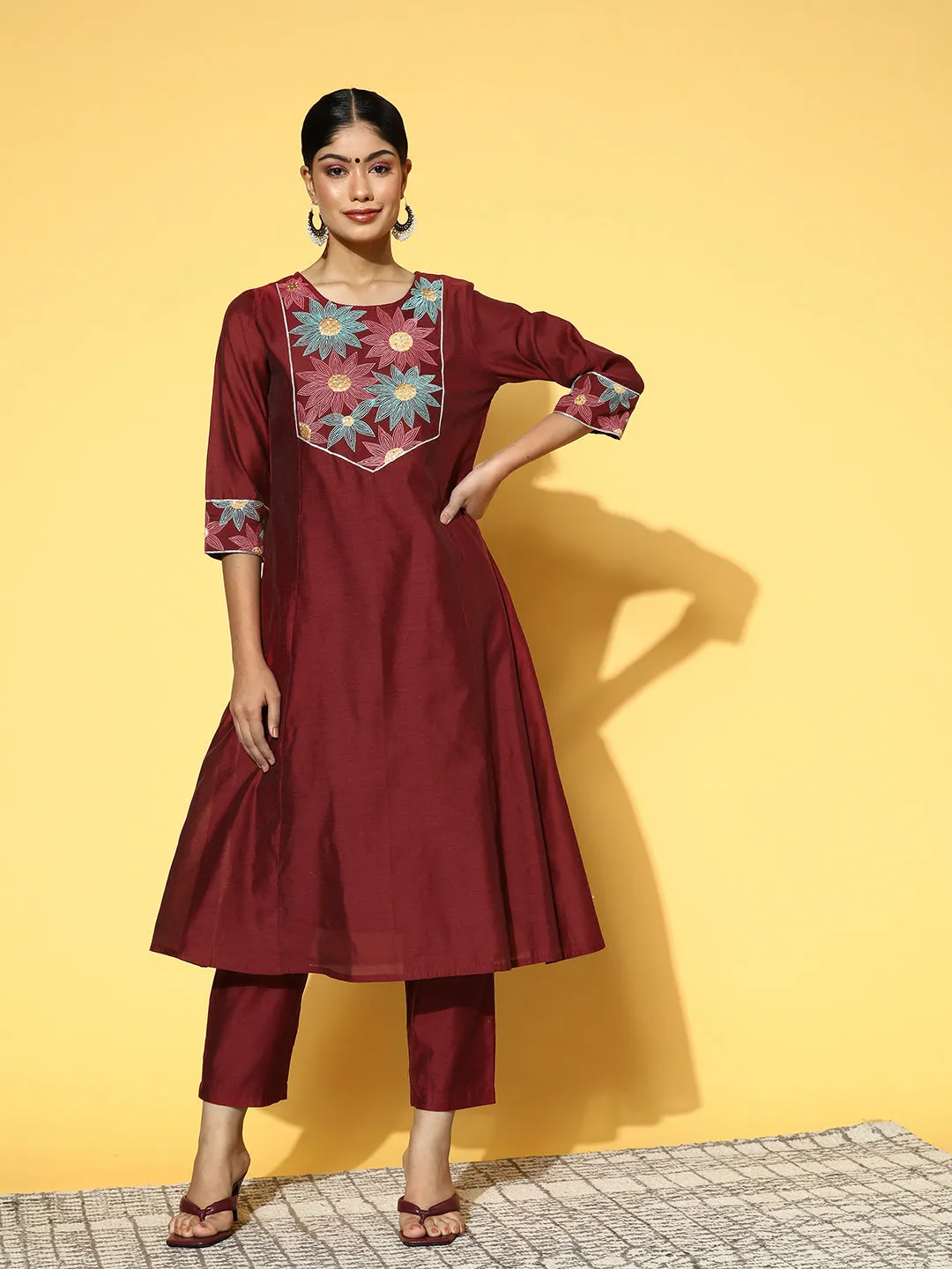 Maroon Chanderi Embroidered A-Line Princess-Cut Kurta With Pants