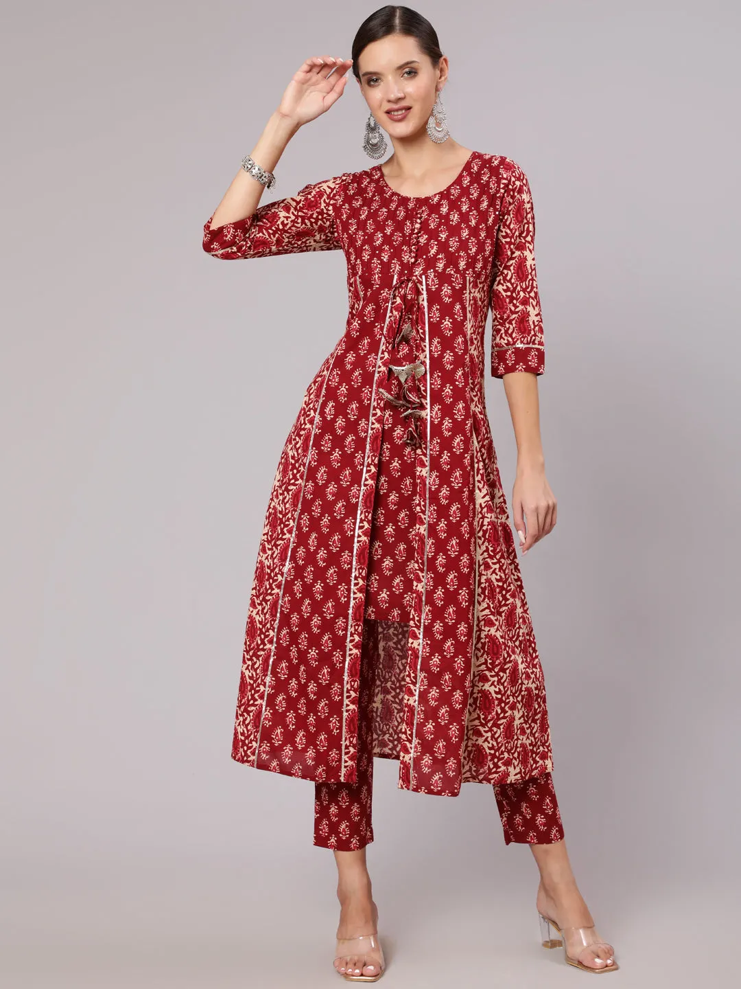 Maroon Cotton Printed A-Line Kurta With Pants