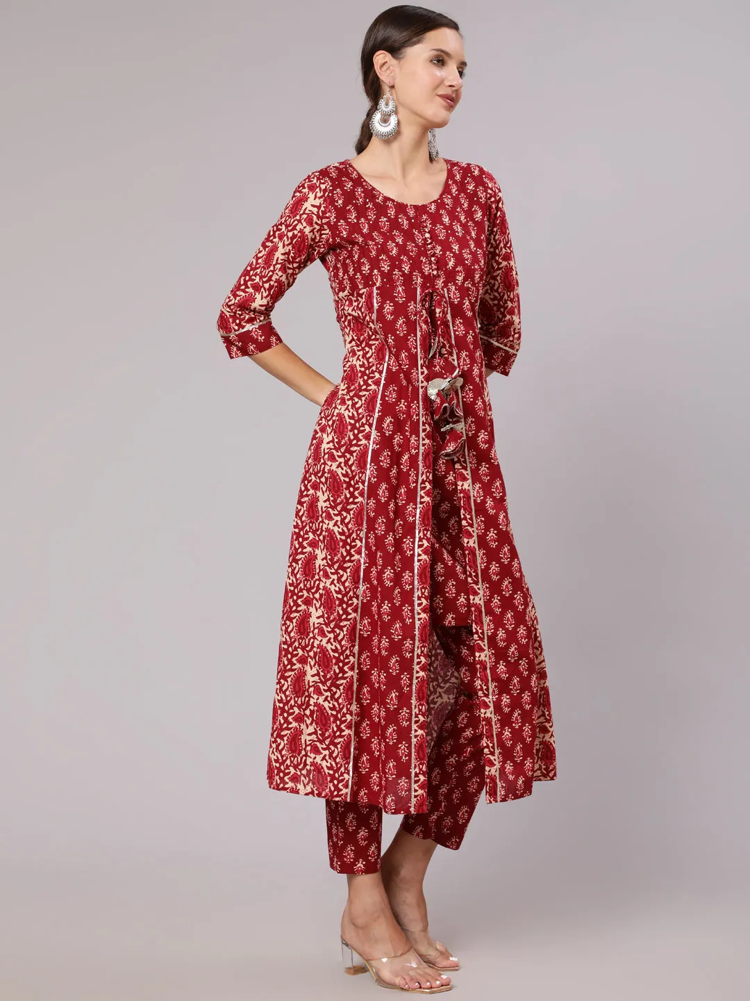 Maroon Cotton Printed A-Line Kurta With Pants