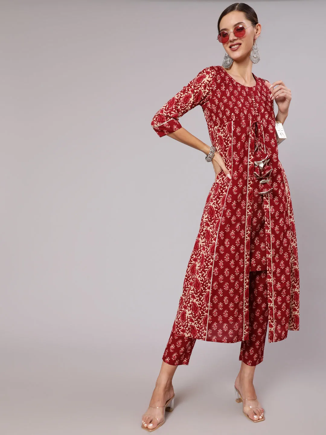 Maroon Cotton Printed A-Line Kurta With Pants