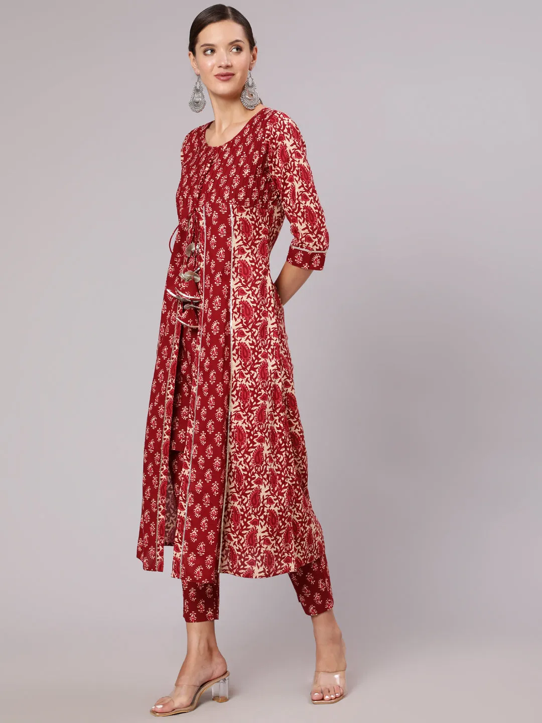 Maroon Cotton Printed A-Line Kurta With Pants