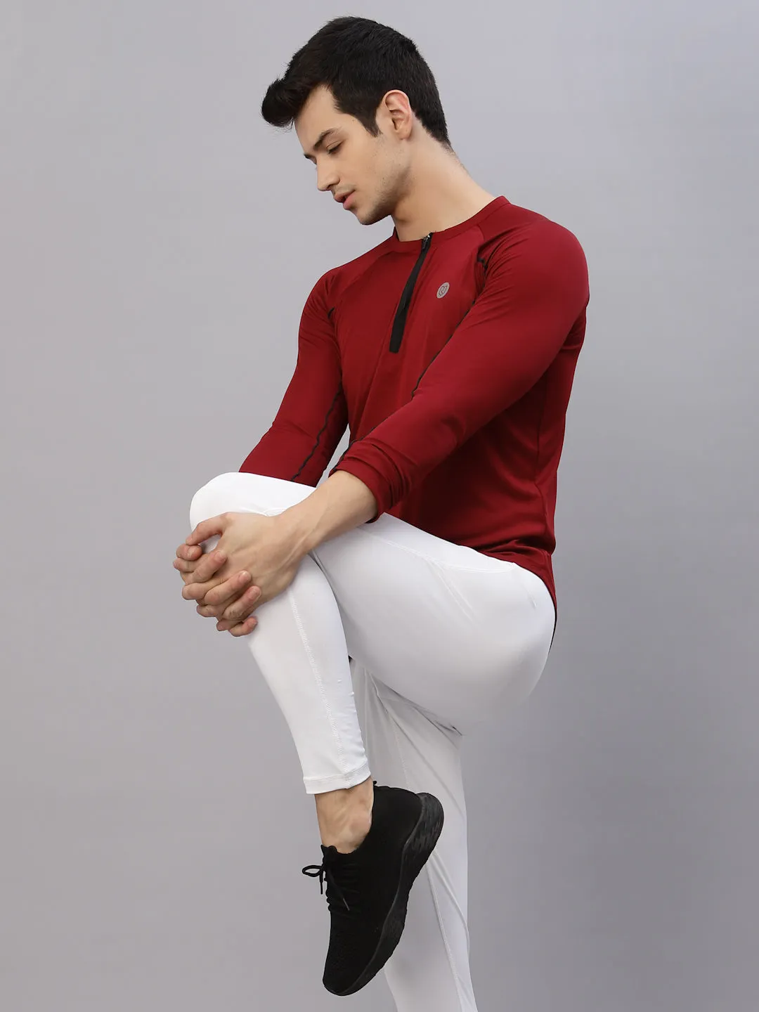 Maroon Henley Neck Full Sleeve Activewear T-Shirt