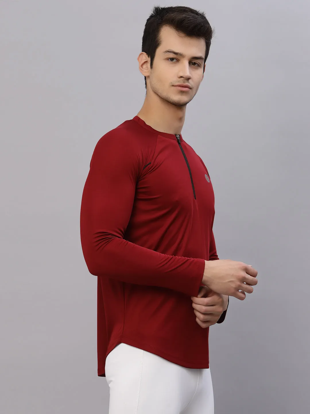 Maroon Henley Neck Full Sleeve Activewear T-Shirt