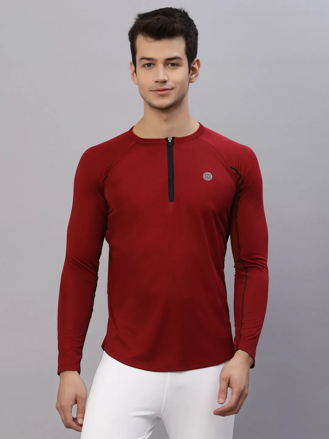 Maroon Henley Neck Full Sleeve Activewear T-Shirt