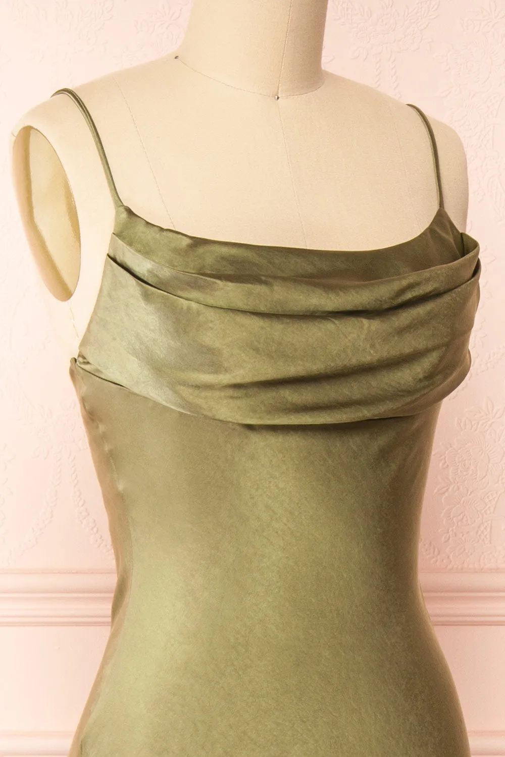 Meari Khaki | Cowl Neck Satin Midi Dress