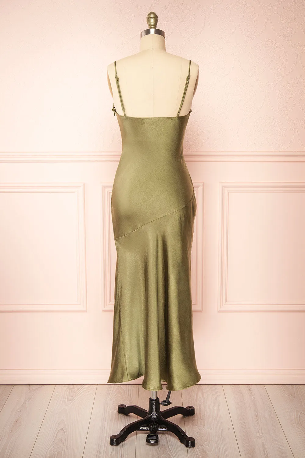 Meari Khaki | Cowl Neck Satin Midi Dress